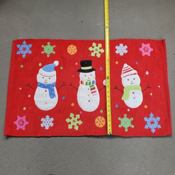 Festive Red Indoor Christmas Rug With Snowman Design And Colorful Snowflakes - Picture 3 of 16